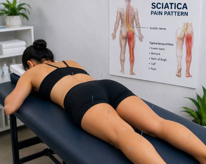 Acupuncture needles being applied by a Physiotherapist to treat sciatica