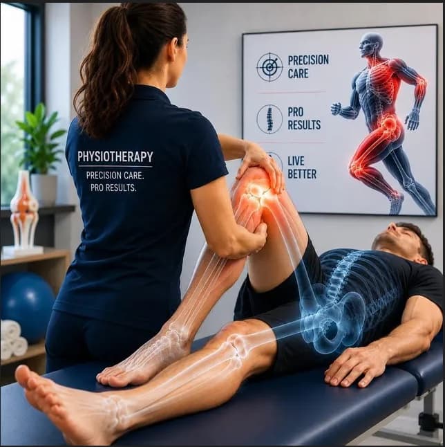 Physiotherapist assessing a patient's hip and knee on the treatment couch