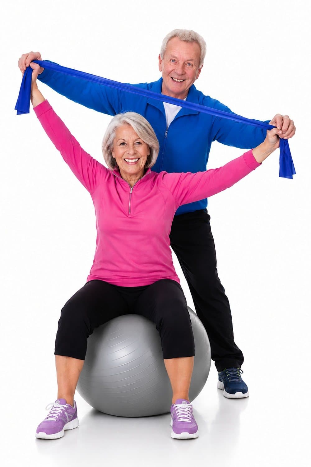 Older couple exercising with a resistance band and gym ball at PhysiPro