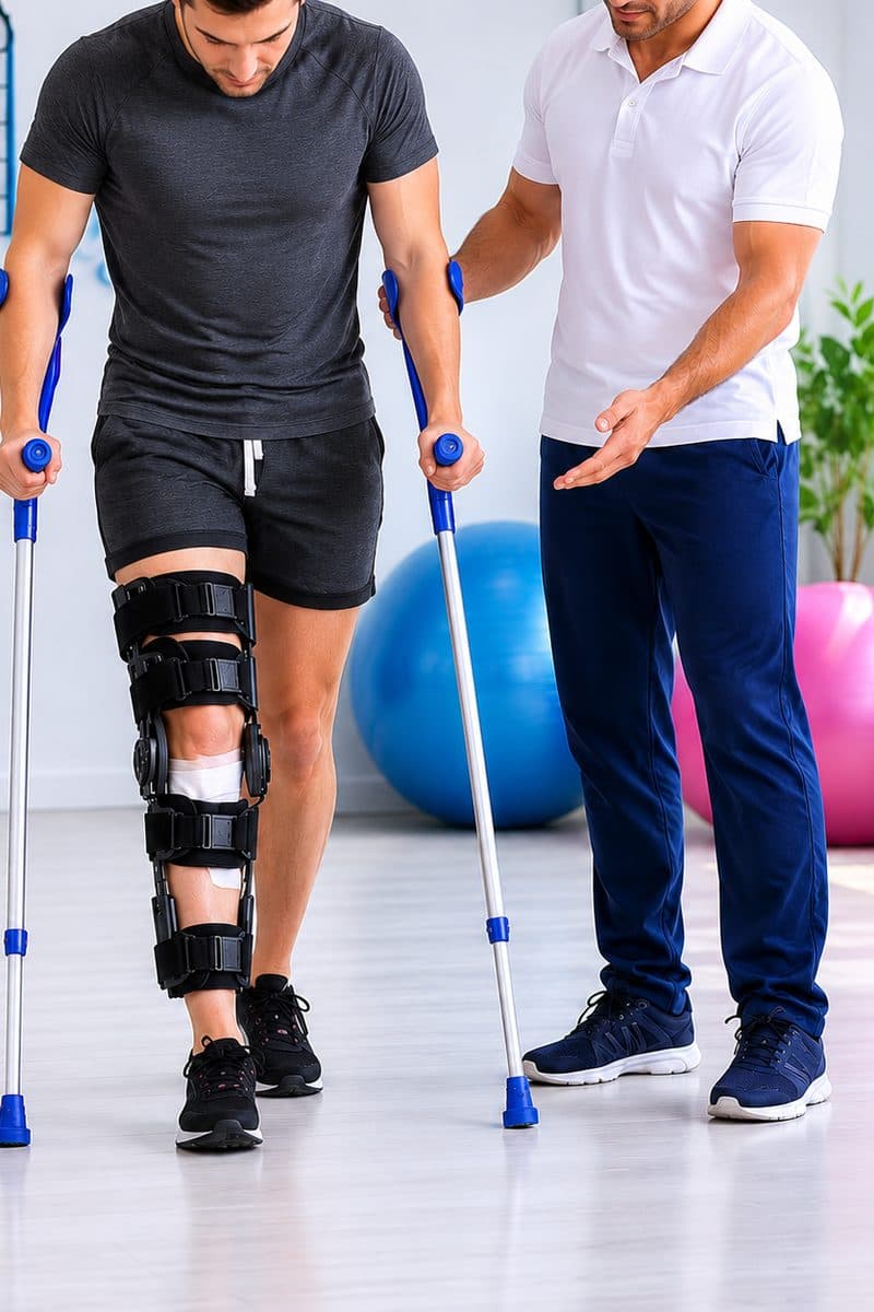 Physiotherapist assisting a patient walking with crutches after knee surgery