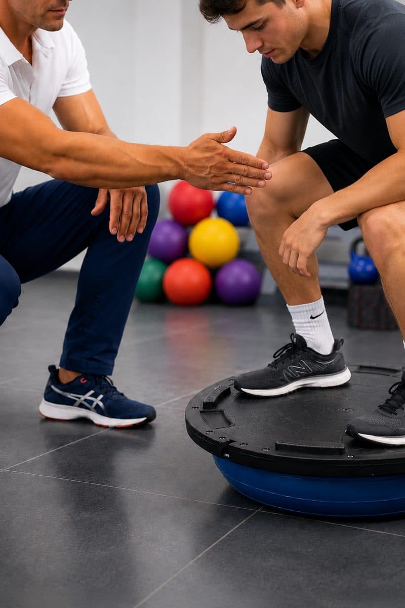 Physiotherapist guiding a patient through balance training on a BOSU trainer