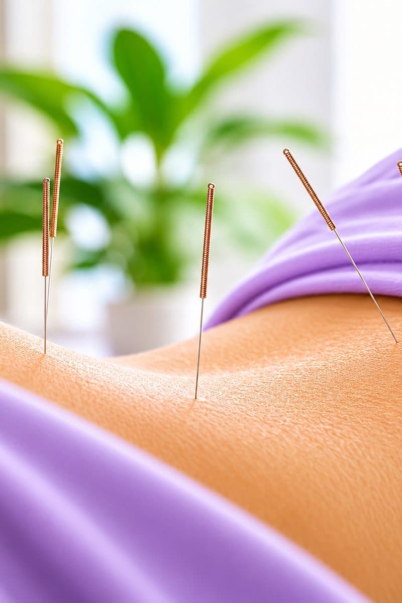Acupuncture needles placed along a patient's back during a Physiotherapy session